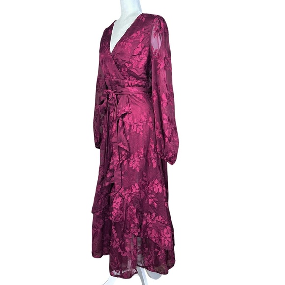 Lulu's Faux Wrap Midi Dress Large Party Holiday Chiffon Embroidered Asymmetrical - Picture 7 of 17